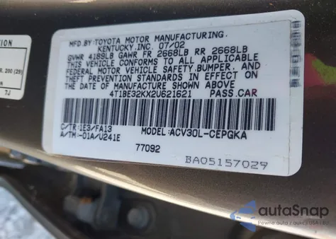 2002 Toyota Camry Xle из США, поврежденный, VIN 4T1BE32KX2U621621